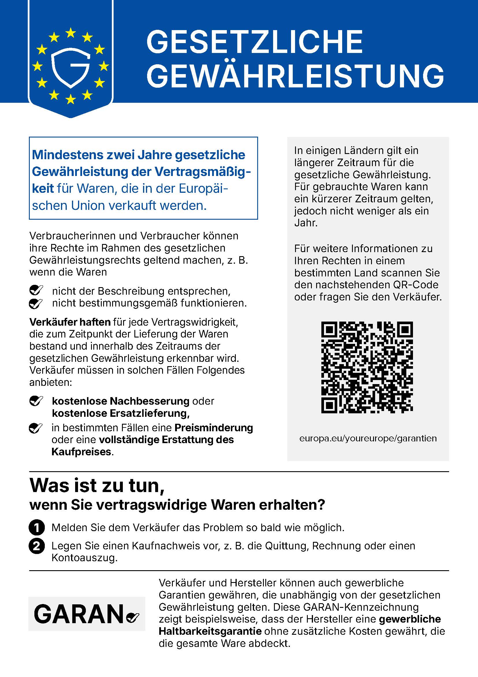 Gewährleistungslabel: Für in der Europäischen Union verkaufte Waren gilt eine gesetzliche Gewährleistung von mindestens zwei Jahren. Wenn Waren nicht ihrer Beschreibung entsprechen oder nicht bestimmungsgemäß funktionieren, wenden Sie sich an den Verkäufer und legen Sie einen Kaufnachweis vor. Der Verkäufer muss eine Freie Nachbesserung oder Ersatzlieferung oder in bestimmten Fällen eine Preisminderung oder vollständige Erstattung anbieten.